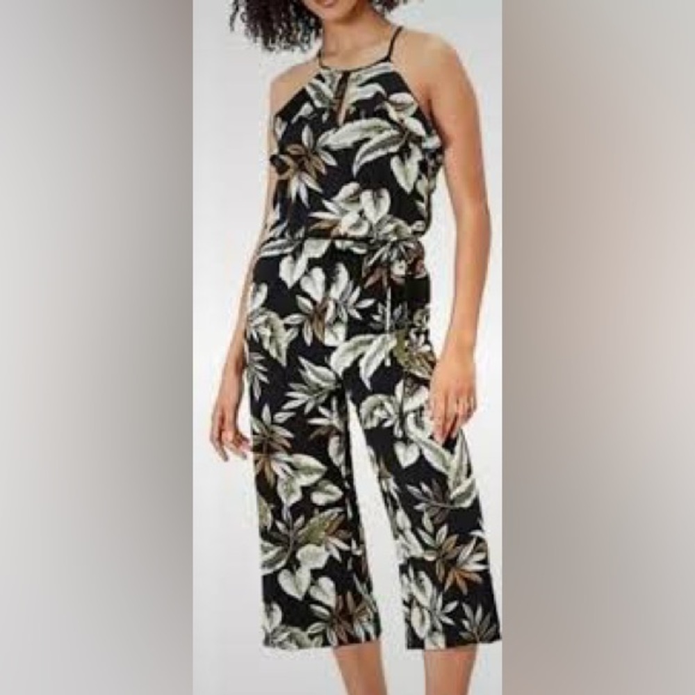 Oasis Jumpsuit‎ Women Palm Print Black Floral Wide Leg Vacay Preppy Halter Top